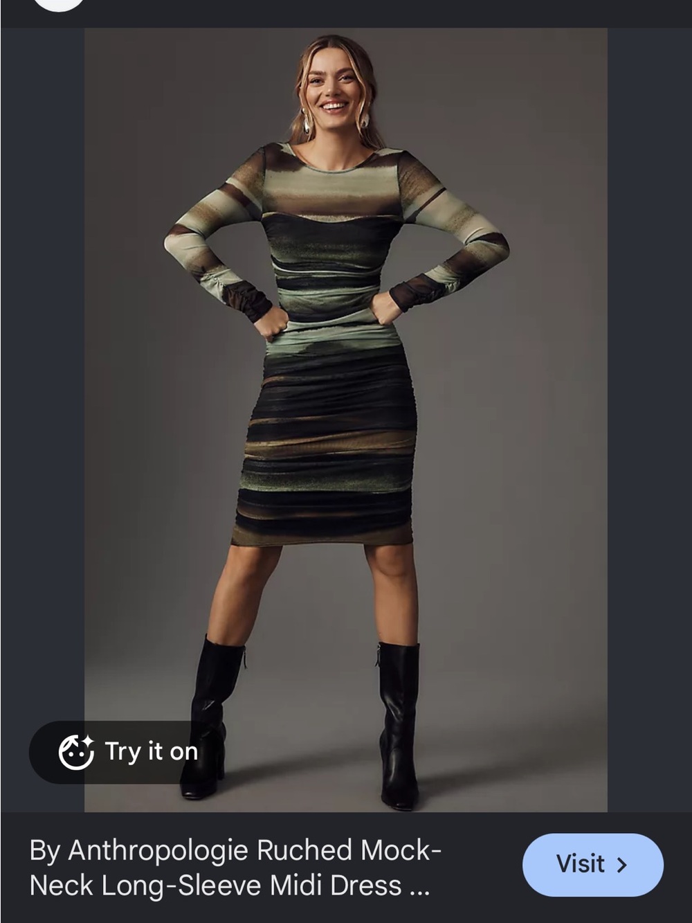 Anthropologie Olive, Black & Khaki Striped Ruched Mock-Neck Midi Dress
